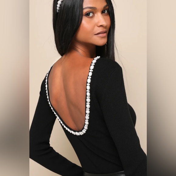 BNWT Lulus Pearly Perfection Black Ribbed Pearl Scoop Back Long Sleeve Top - Picture 1 of 6